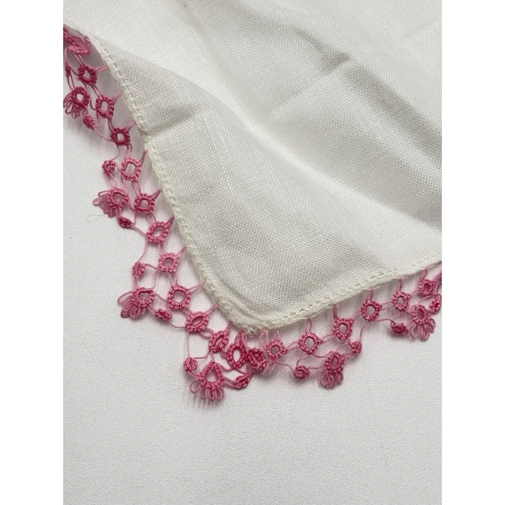 Vintage Linen Handkerchief Set 2 Tatting Lace Trim Pink Yellow Wedding Hankies